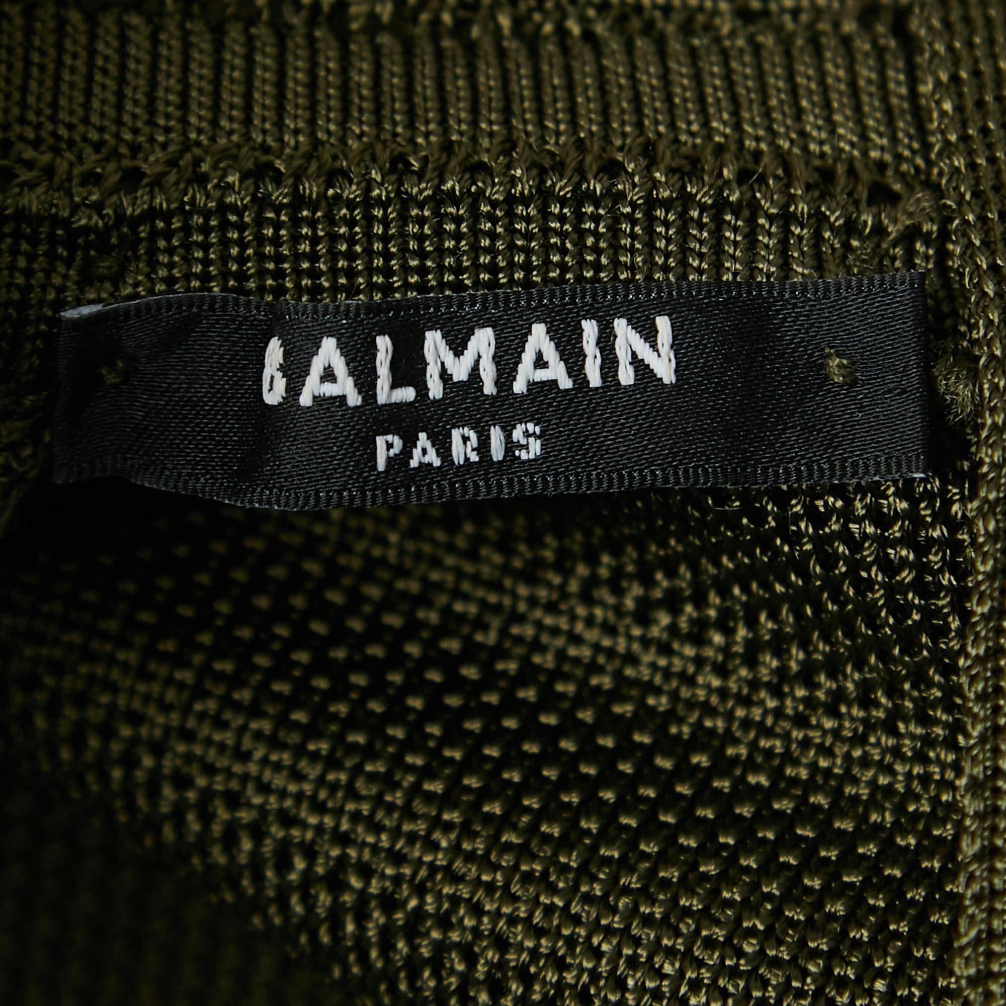 Balmain Military Green Knit Button Detailed Mini Dress M In Good Condition For Sale In Dubai, Al Qouz 2