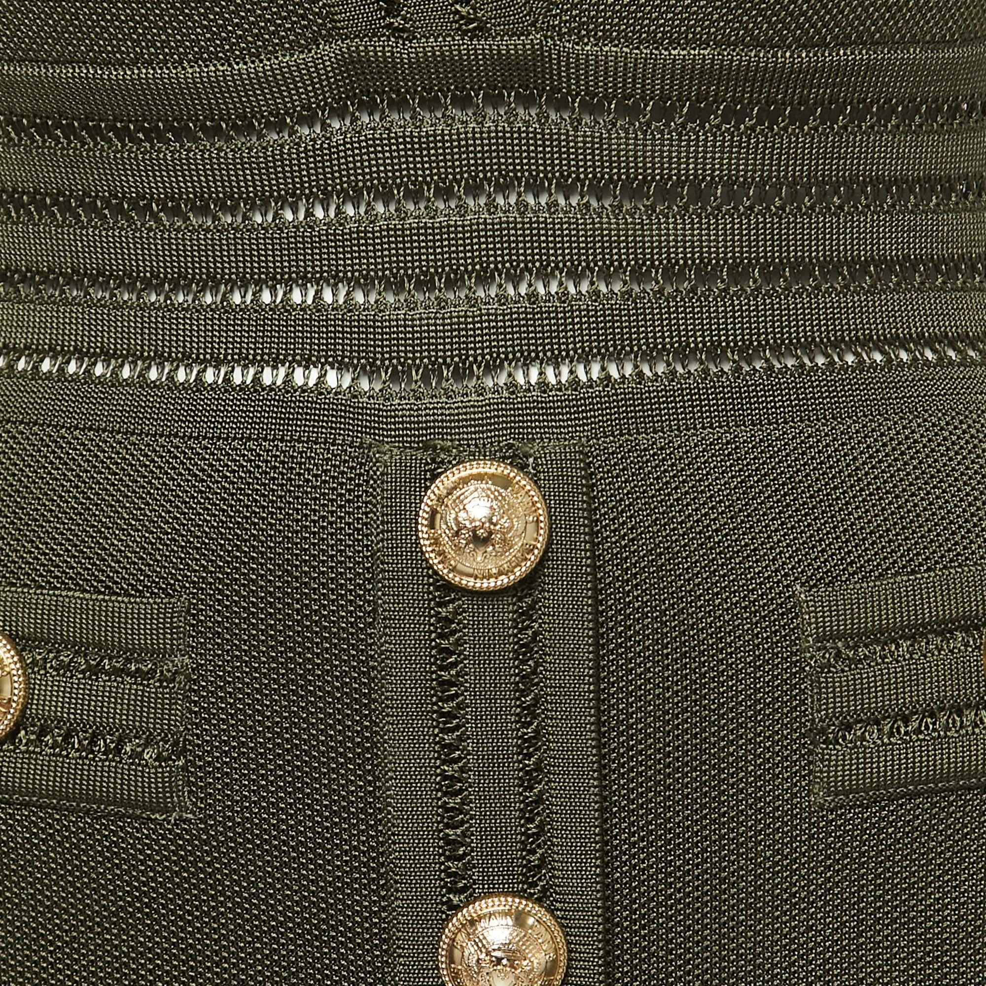 Balmain Militärisches grünes Strick-Minikleid mit Knopfleiste M Damen im Angebot