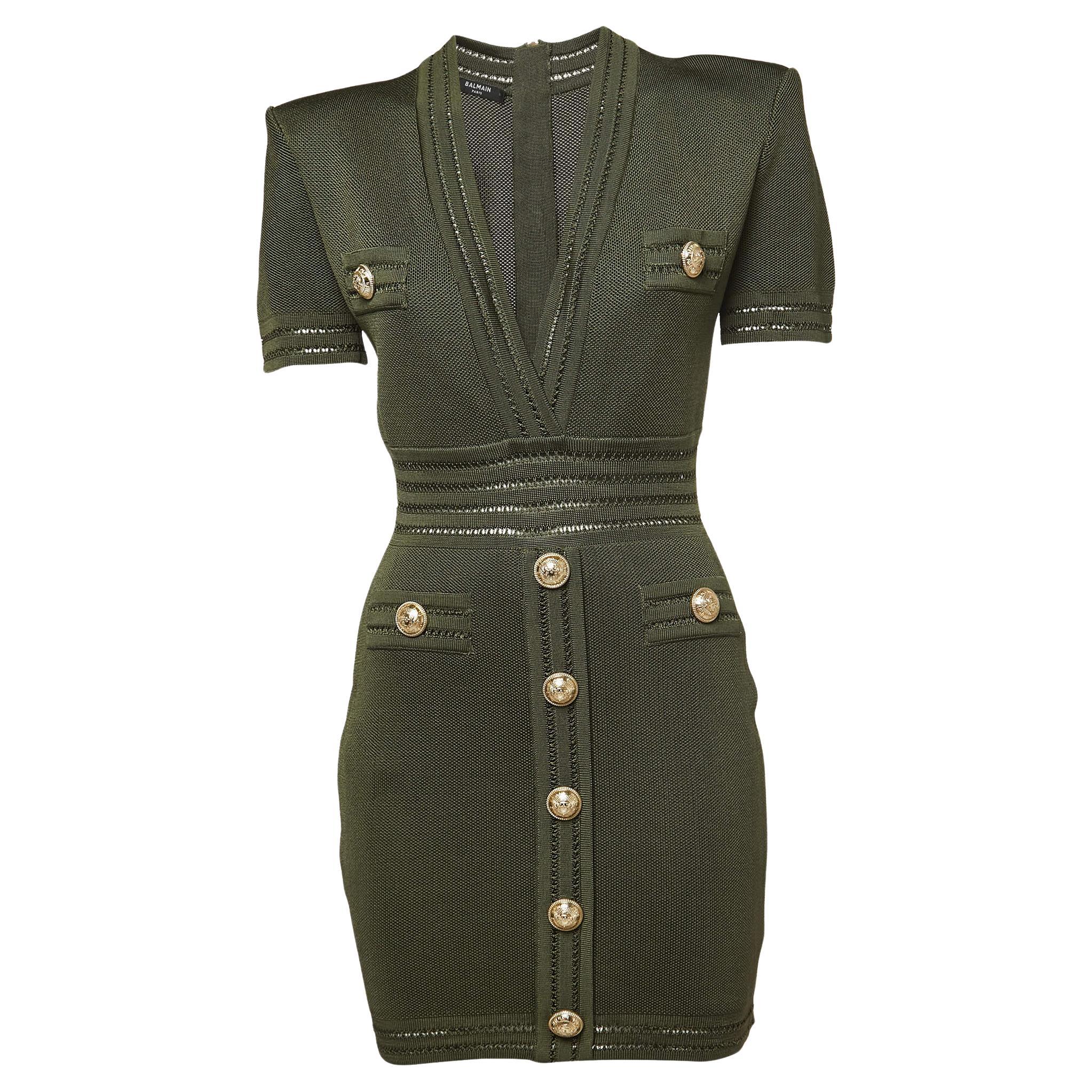 Balmain Military Green Knit Button Detailed Mini Dress M For Sale