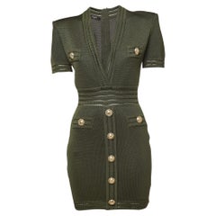 Used Balmain Military Green Knit Button Detailed Mini Dress M