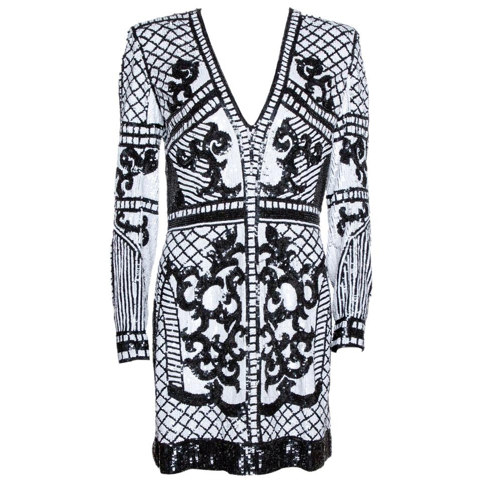 Balmain Monochrome Baroque Sequin Embellished Mini Dress M