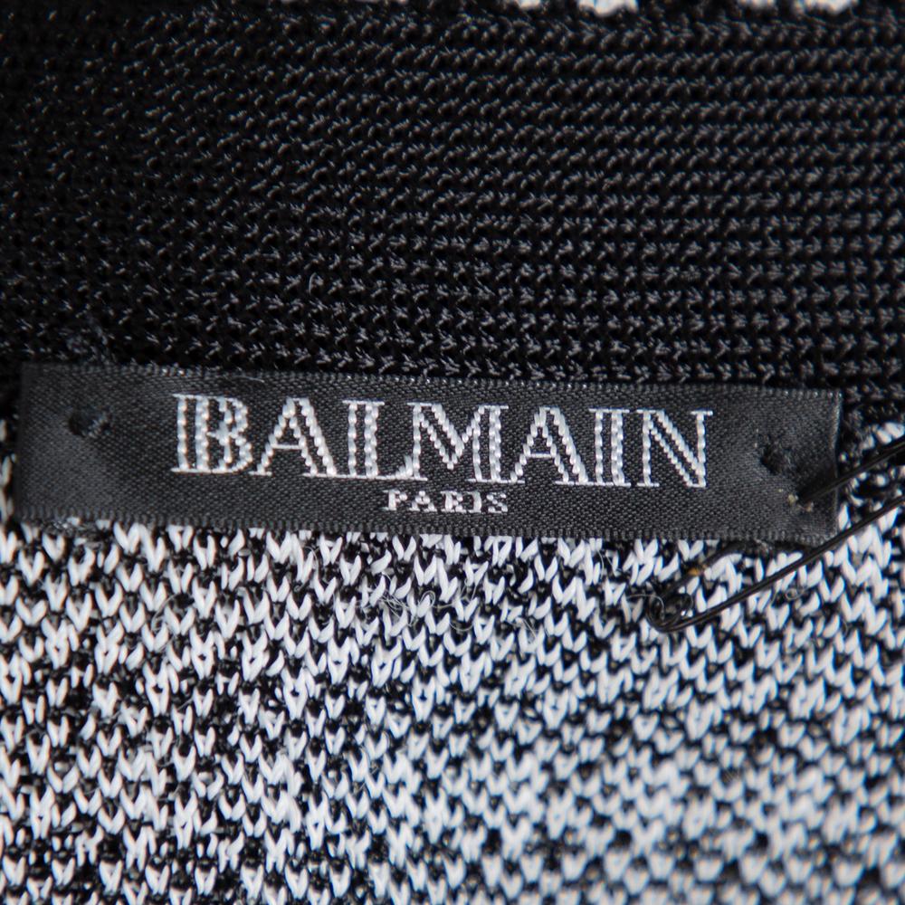 Black Balmain Monochrome Houndstooth Patterned Knit Belted Long Cardigan S
