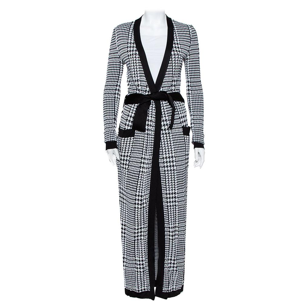 Balmain Monochrome Houndstooth Patterned Knit Belted Long Cardigan S