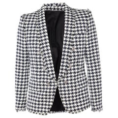 Balmain Monochrome Houndstooth Tweed Fringe Detail Blazer S