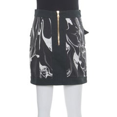 Balmain Monochrome Marble Printed Logo Button Detail Mini Skirt S