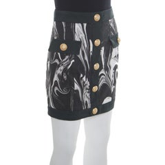 Balmain Monochrome Marble Printed Logo Button Detail Mini Skirt S