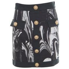 Balmain Monochrome Marble Printed Logo Button Detail Mini Skirt S