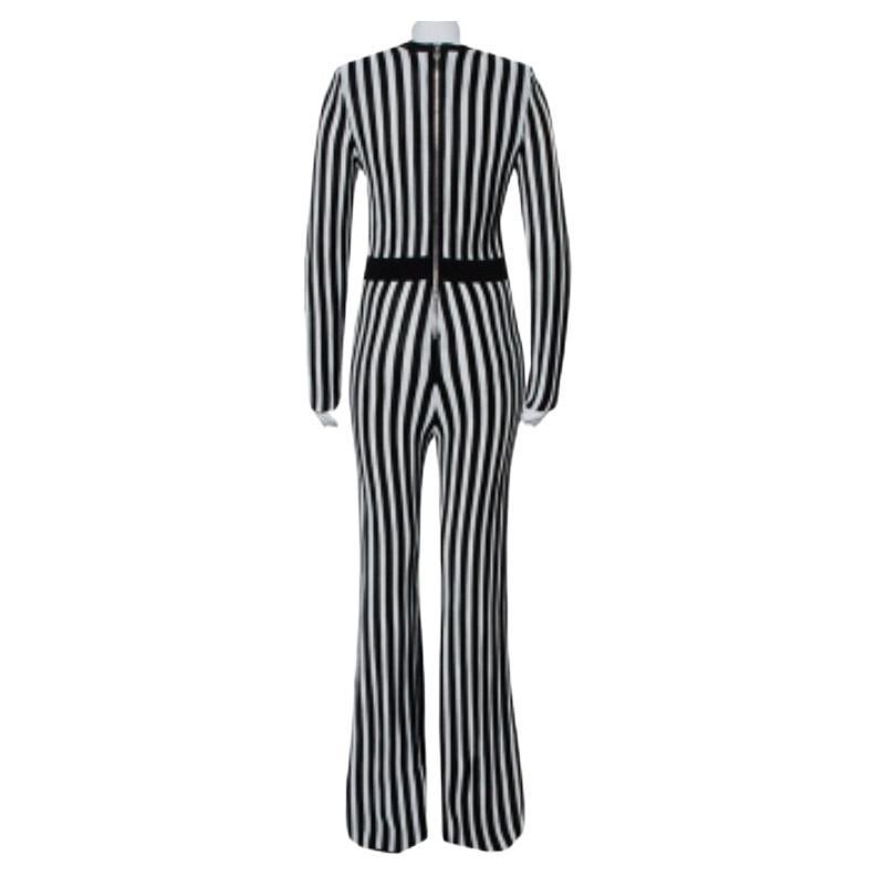 Black Balmain Monochrome Striped Knit Faux Wrap Jumpsuit M For Sale