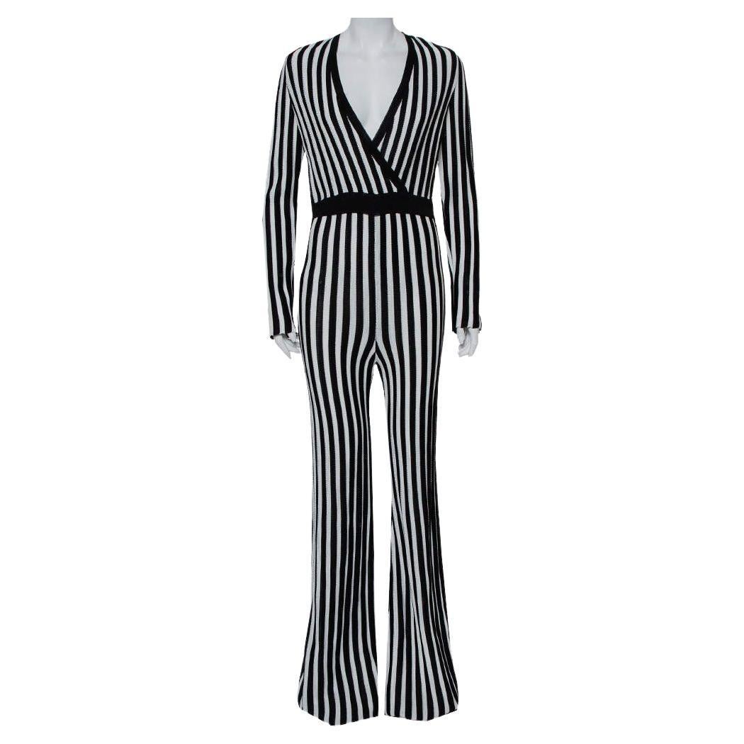 Balmain Monochrome Striped Knit Faux Wrap Jumpsuit M For Sale