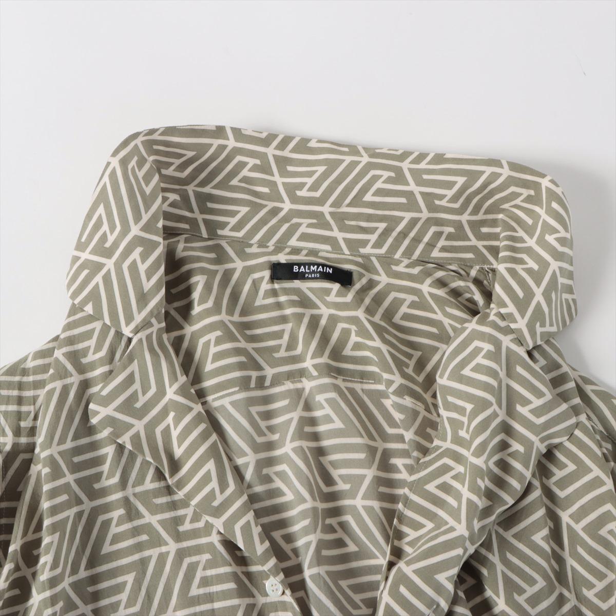 Balmain Monogram Viscose Shirt  Khaki x Beige For Sale 1