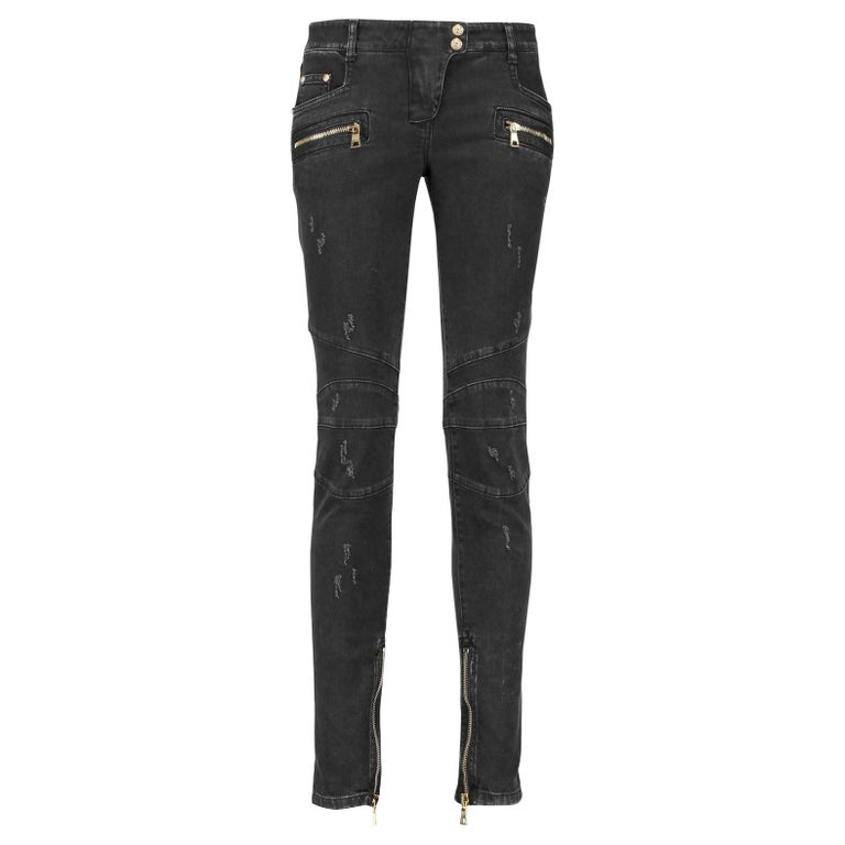 Balmain Moto Style Distressed Low Rise Skinny Jeans at 1stDibs