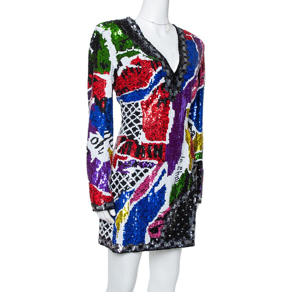 Black Balmain Multicolor Abstract Sequin Embellished Fitted Mini Dress L