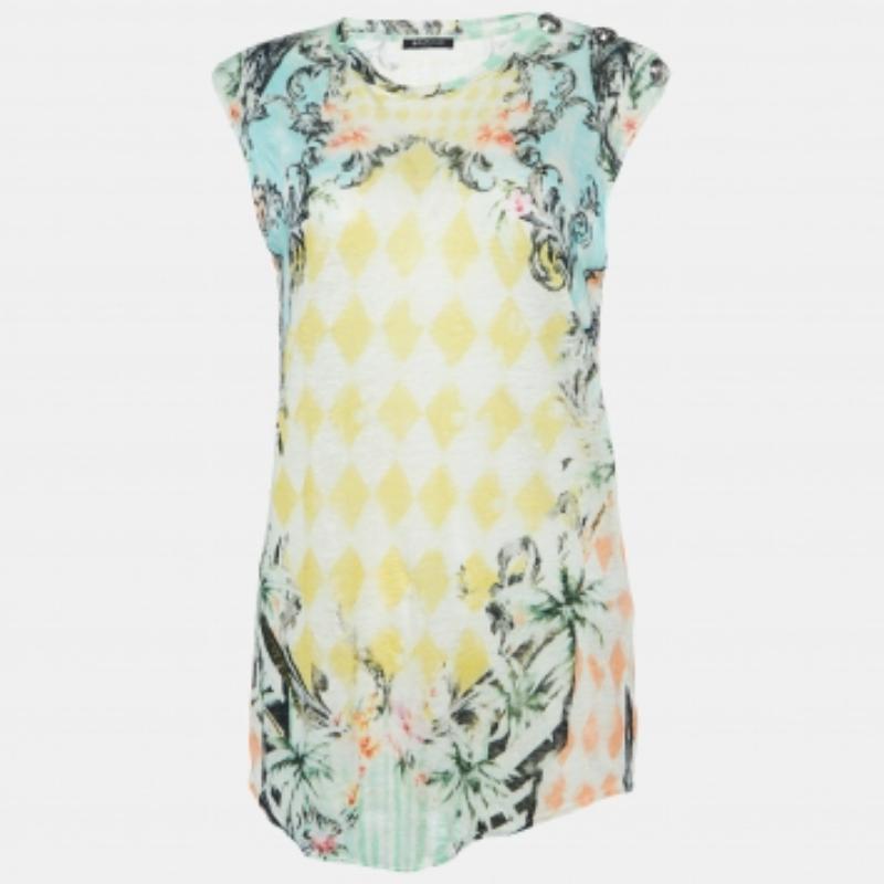 Beige Balmain Multicolor Floral Print Linen Jersey Tank Top M en vente