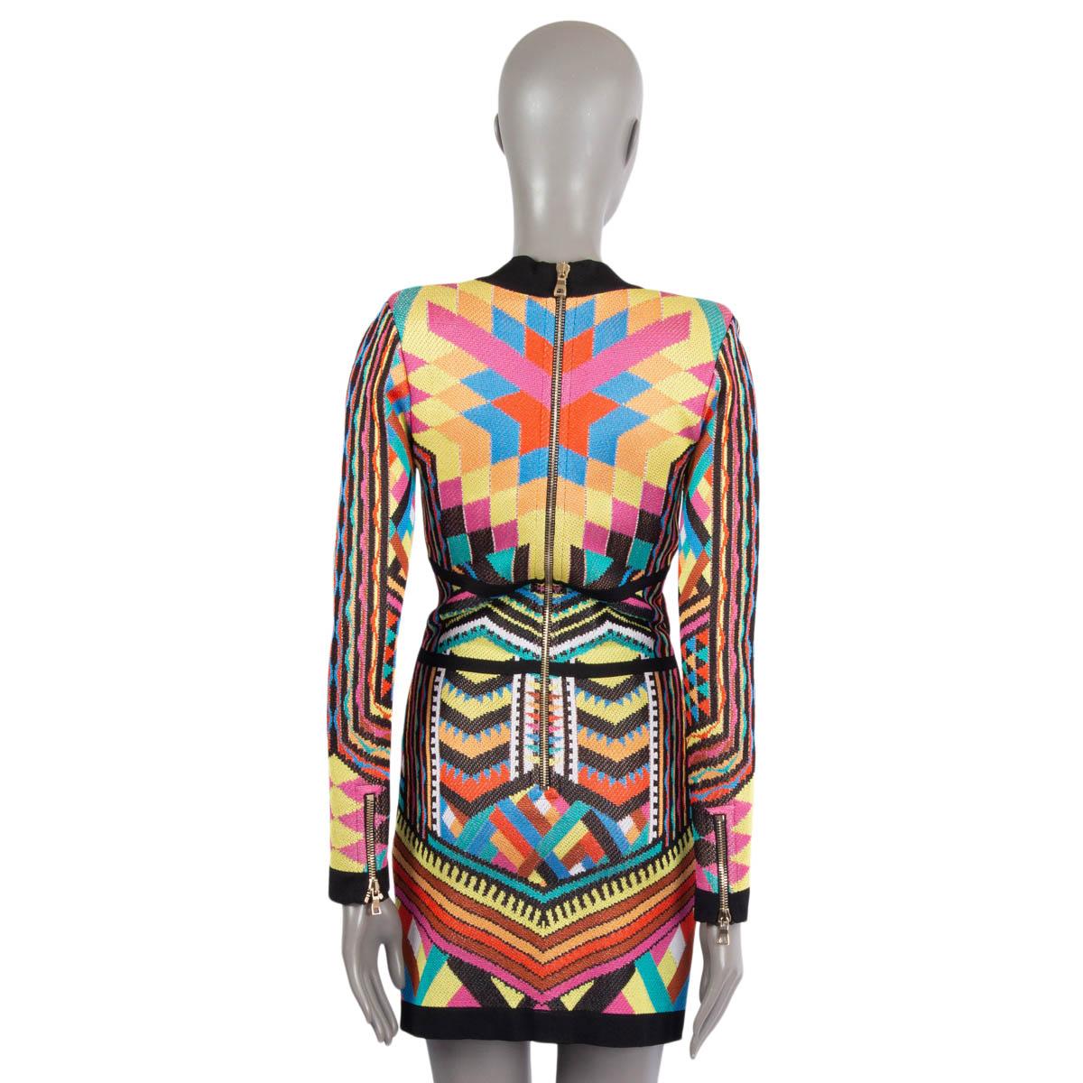Women's BALMAIN multicolor GEOMETRIC JACQUARD KNIT BODYCON Dress 38 S For Sale