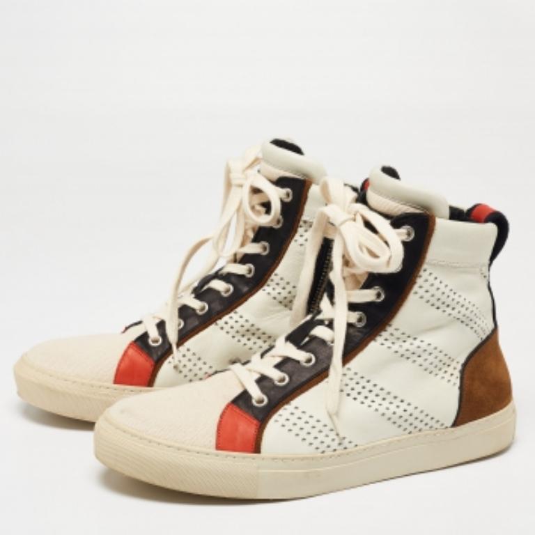 Balmain Multicolor Perforated Leather, Suede & Canvas High-Top Sneakers Size 42 For Sale 3