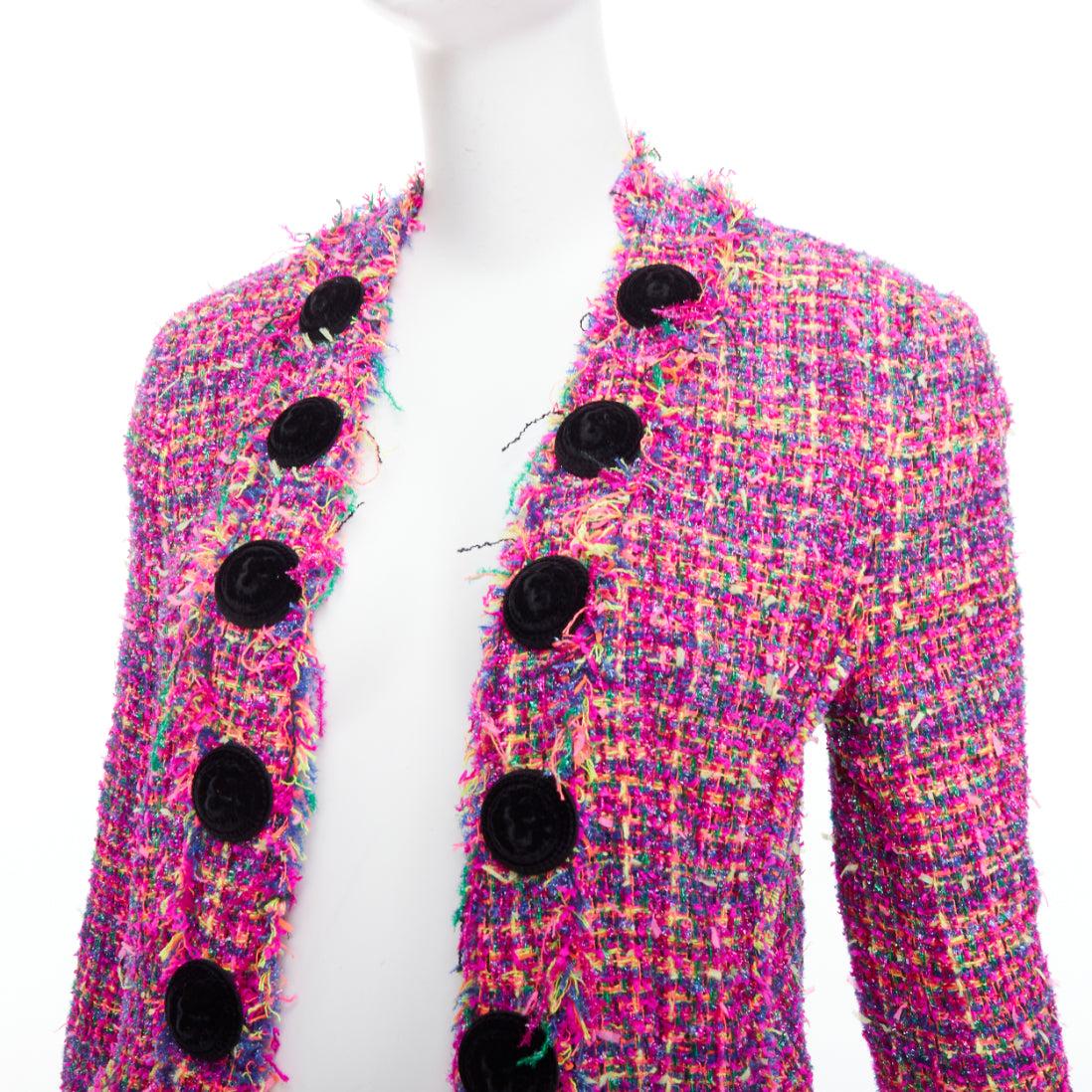 BALMAIN multicolor pink tweed black velvet buttons crop jacket FR34 XS
Reference: AAWC/A01283
Brand: Balmain
Designer: Olivier Rousteing
Material: Polyamide, Blend
Color: Pink, Multicolour
Pattern: Tweed
Made in: Poland

CONDITION:
Condition: