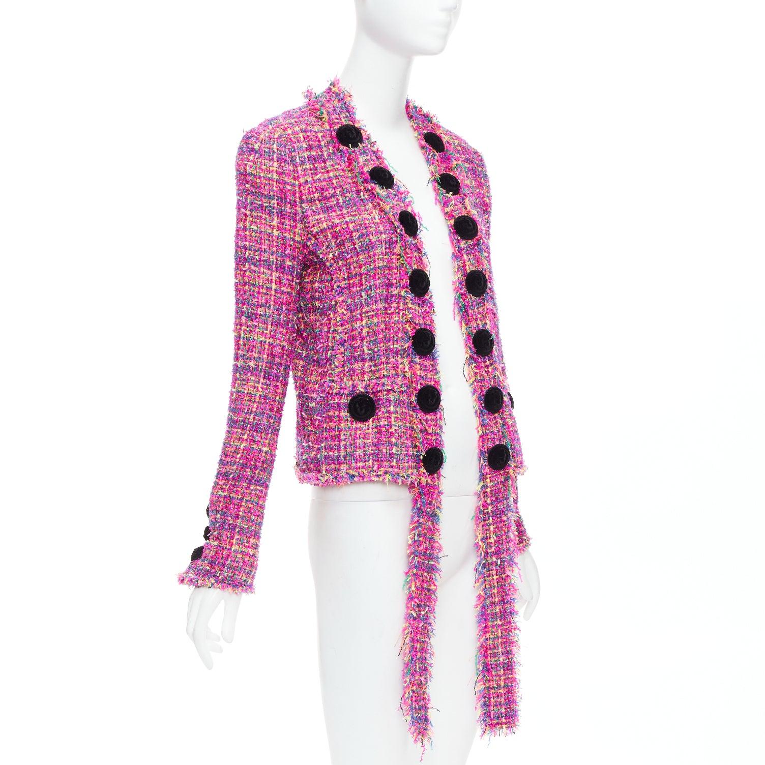 Pink BALMAIN multicolor pink tweed black velvet buttons crop jacket FR34 XS For Sale