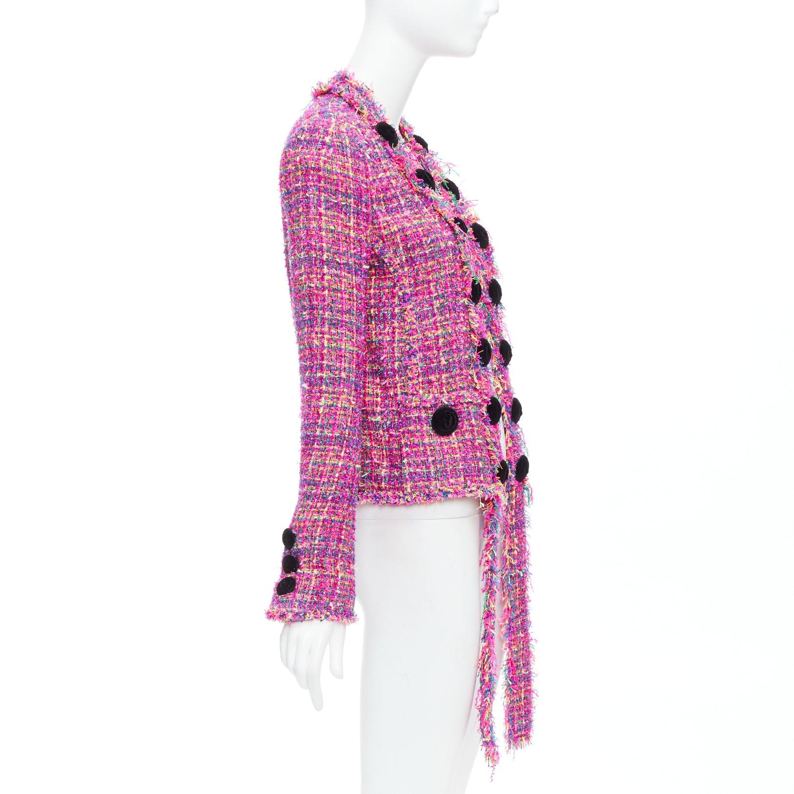 BALMAIN multicolor pink tweed black velvet buttons crop jacket FR34 XS In Excellent Condition For Sale In Hong Kong, NT