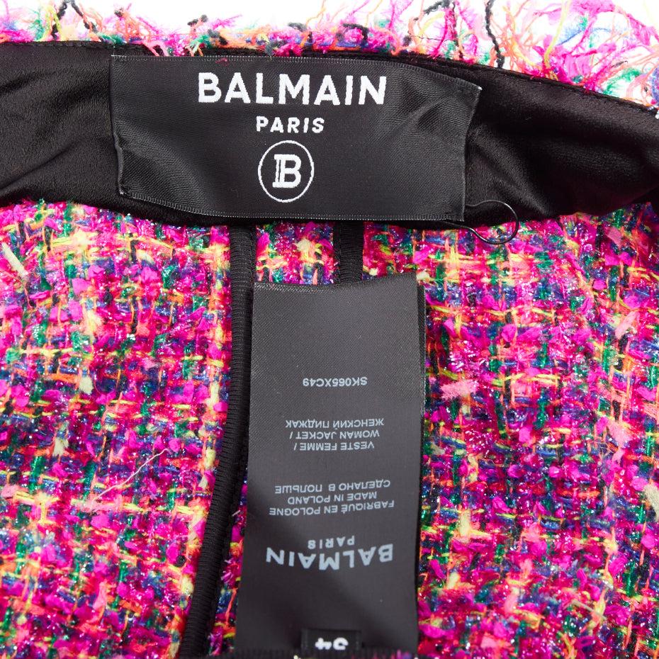 BALMAIN multicolor pink tweed black velvet buttons crop jacket FR34 XS For Sale 3