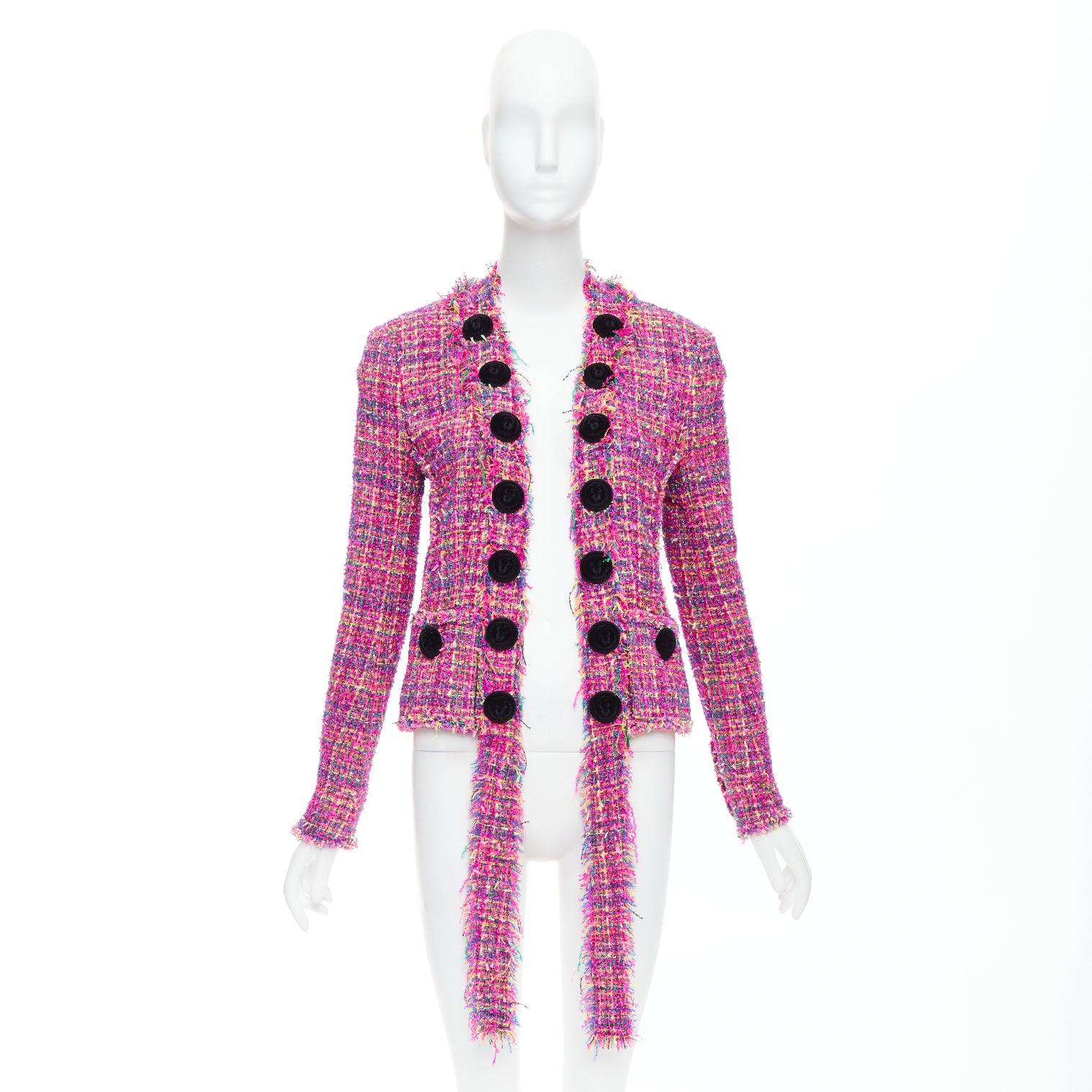 BALMAIN multicolor pink tweed black velvet buttons crop jacket FR34 XS For Sale 4