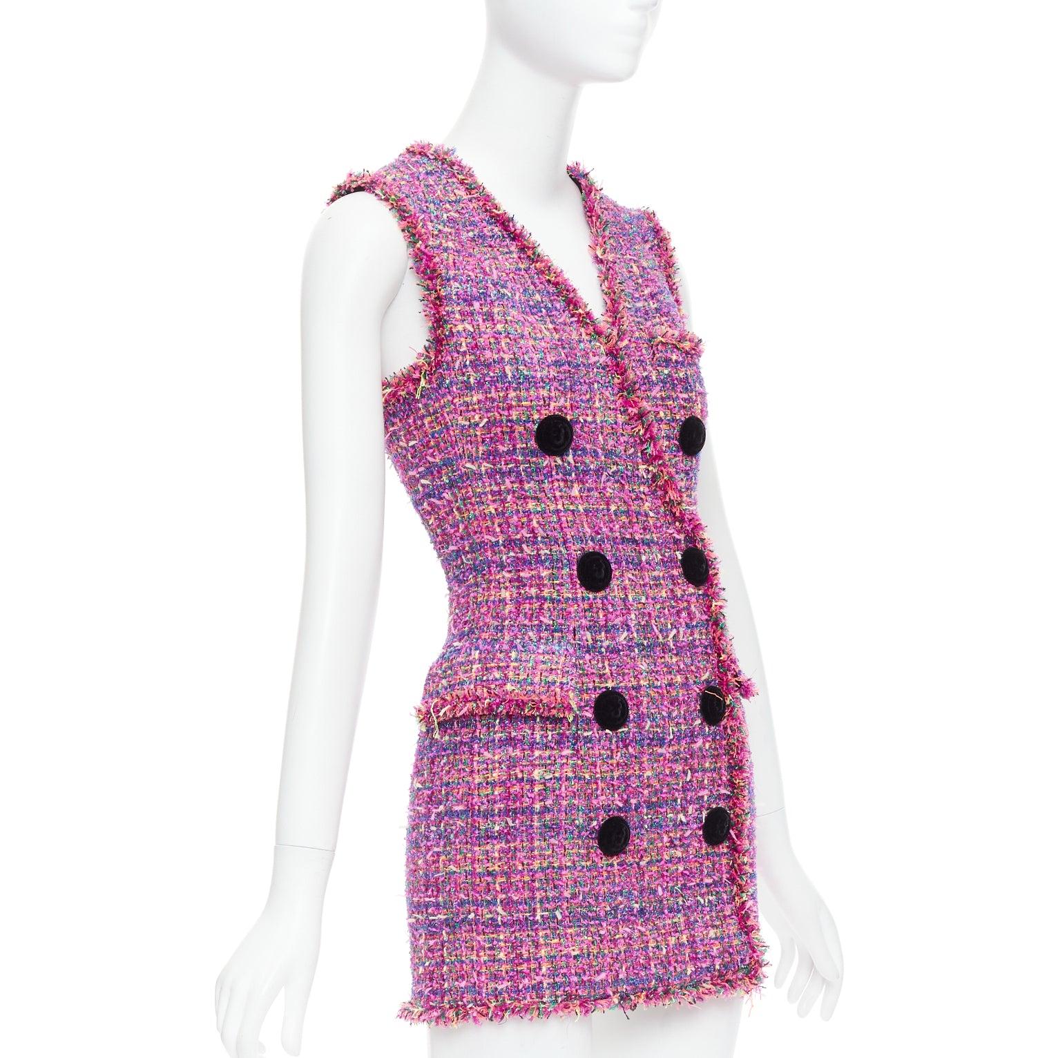 Purple BALMAIN multicolor pink tweed black velvet buttons vest dress FR34 XS For Sale