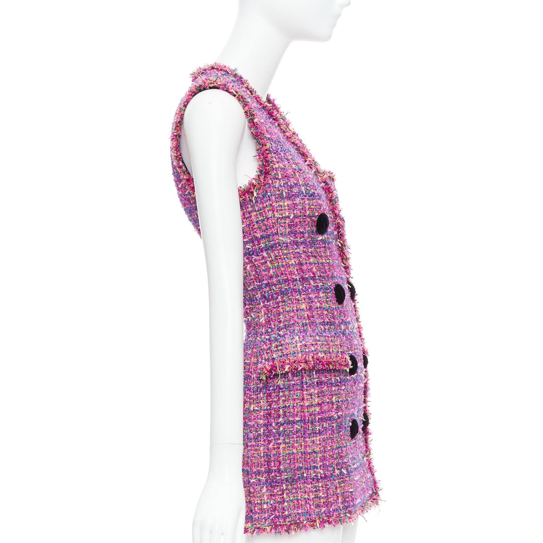 BALMAIN multicolor pink tweed black velvet buttons vest dress FR34 XS In Excellent Condition For Sale In Hong Kong, NT