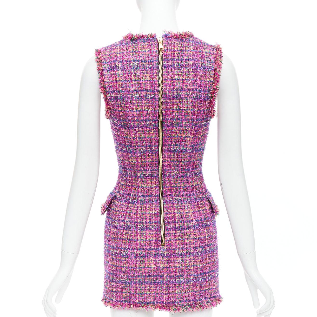 Women's BALMAIN multicolor pink tweed black velvet buttons vest dress FR34 XS For Sale