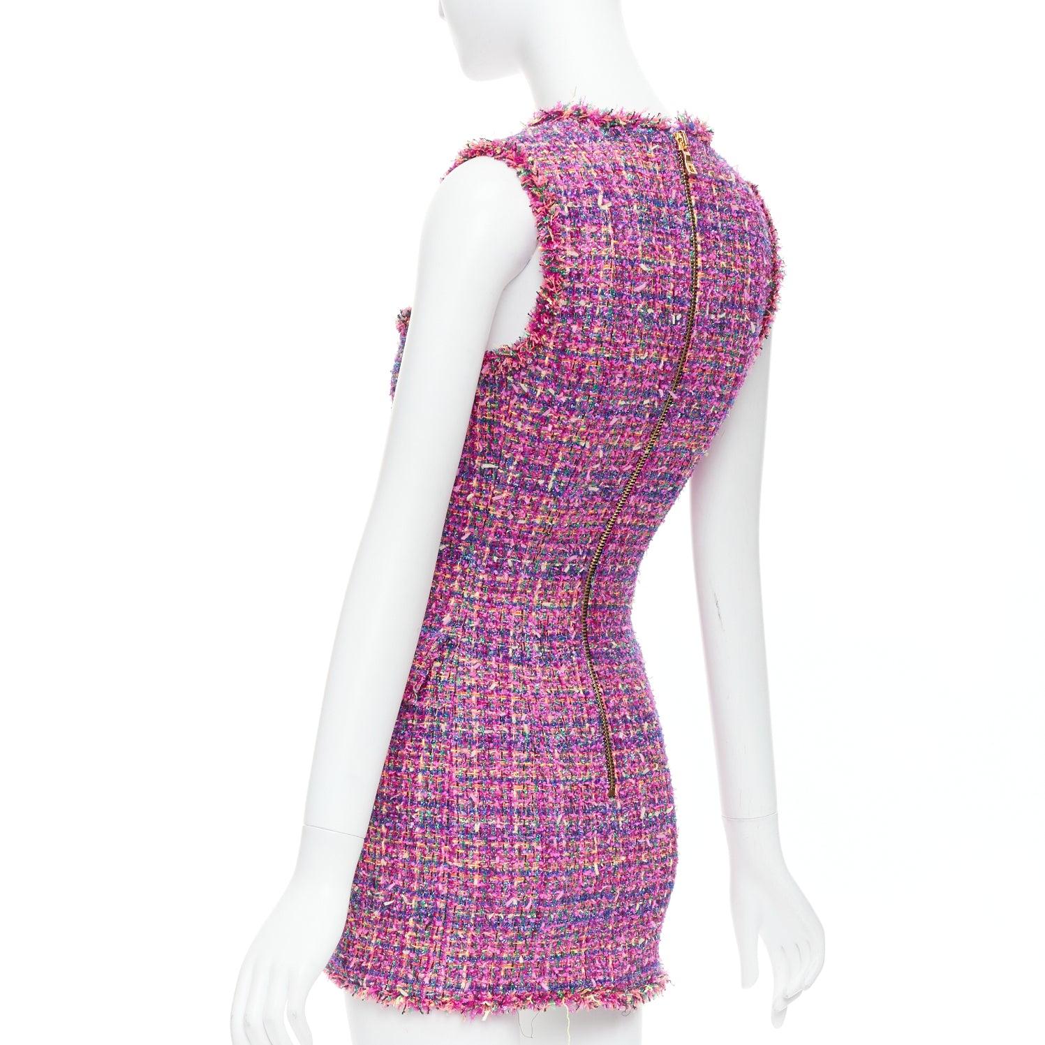 BALMAIN multicolor pink tweed black velvet buttons vest dress FR34 XS For Sale 1