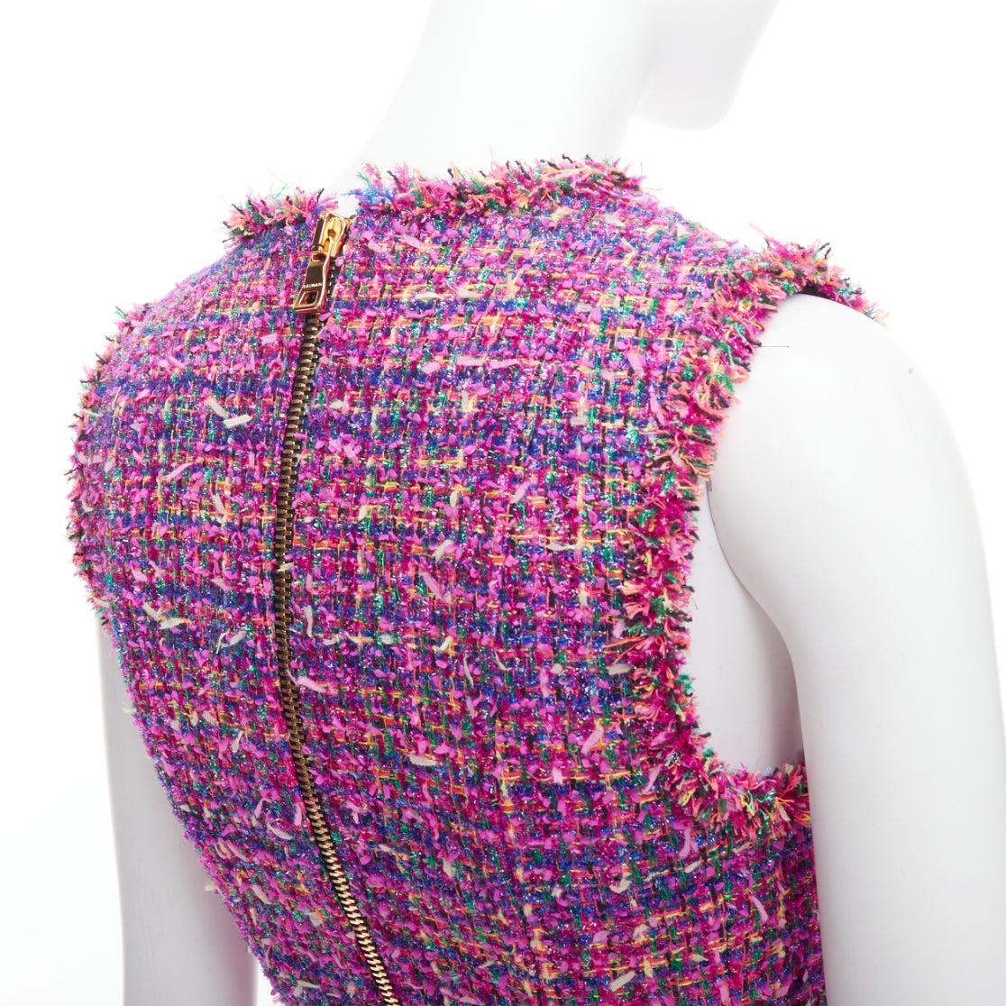 BALMAIN multicolor pink tweed black velvet buttons vest dress FR34 XS For Sale 2