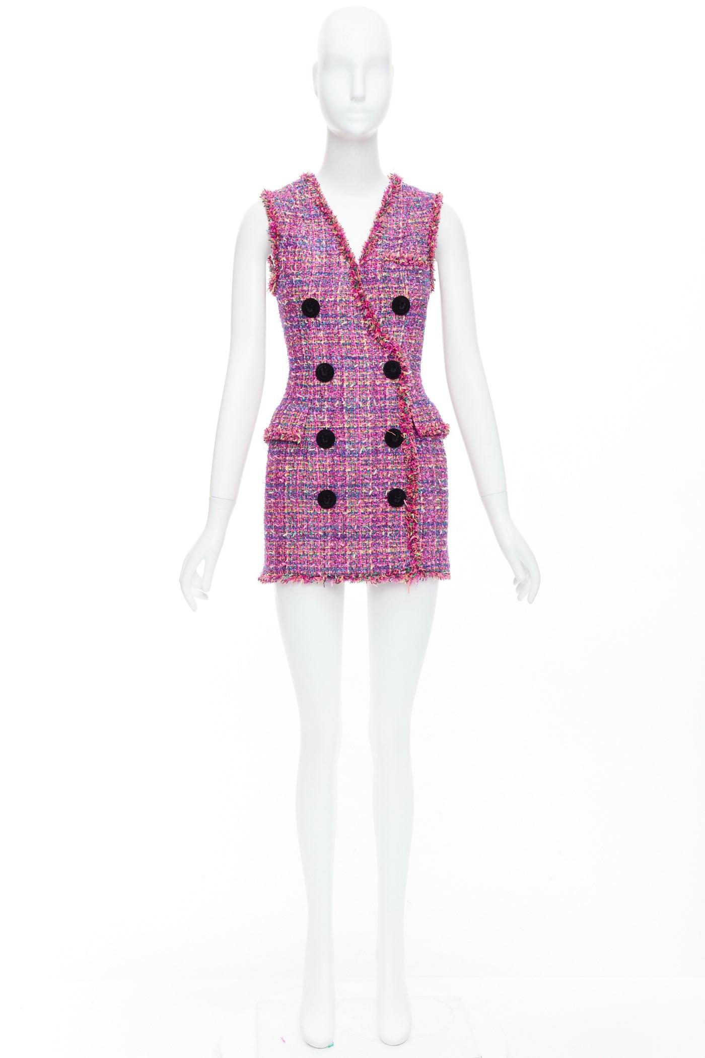BALMAIN multicolor pink tweed black velvet buttons vest dress FR34 XS For Sale 4