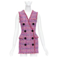 BALMAIN multicolor pink tweed black velvet buttons vest dress FR34 XS