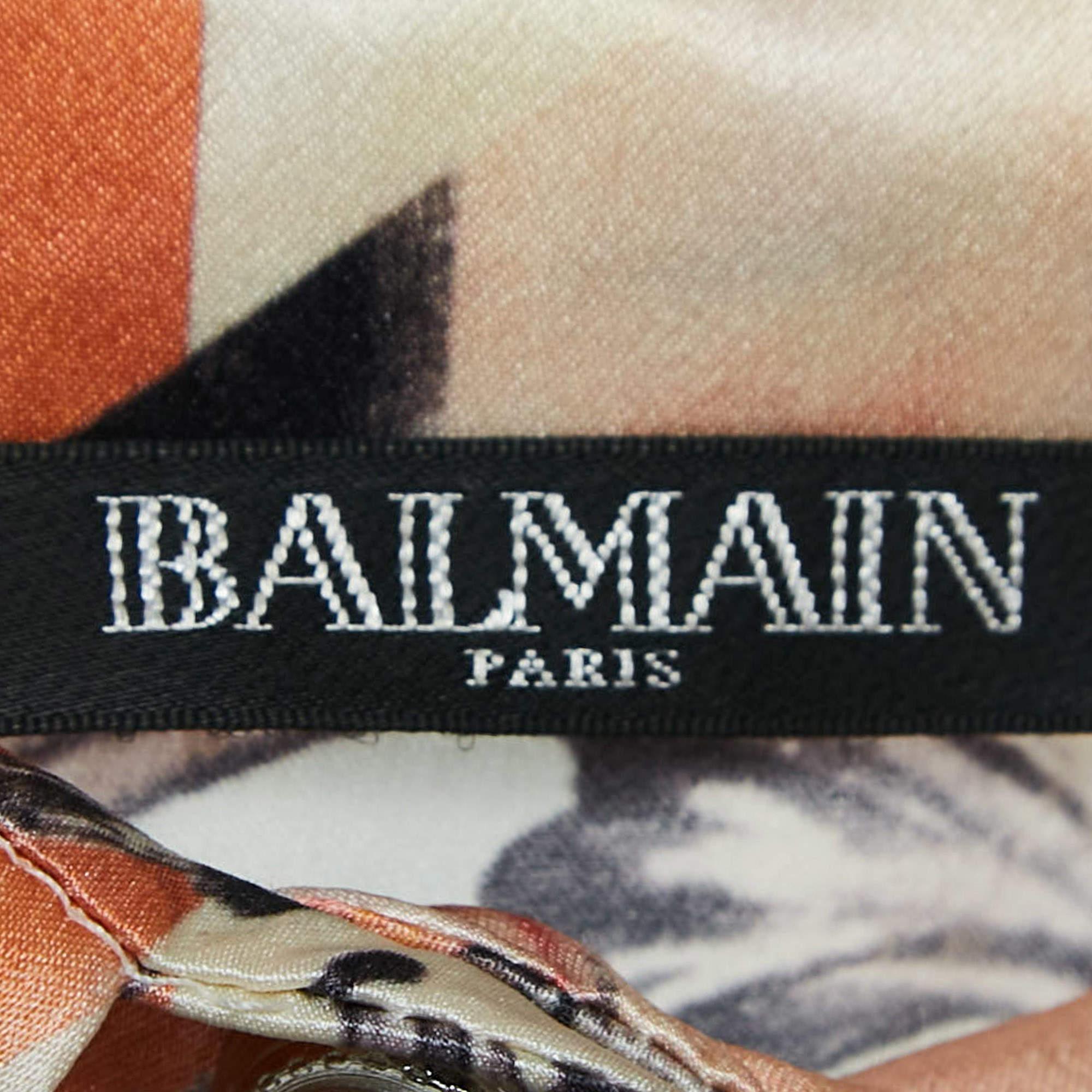 Balmain Mehrfarbig bedrucktes Satin-Seidenhemd S im Angebot 1