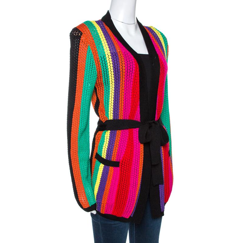 Black Balmain Multicolor Stripe Open Knit Belted Cardigan M