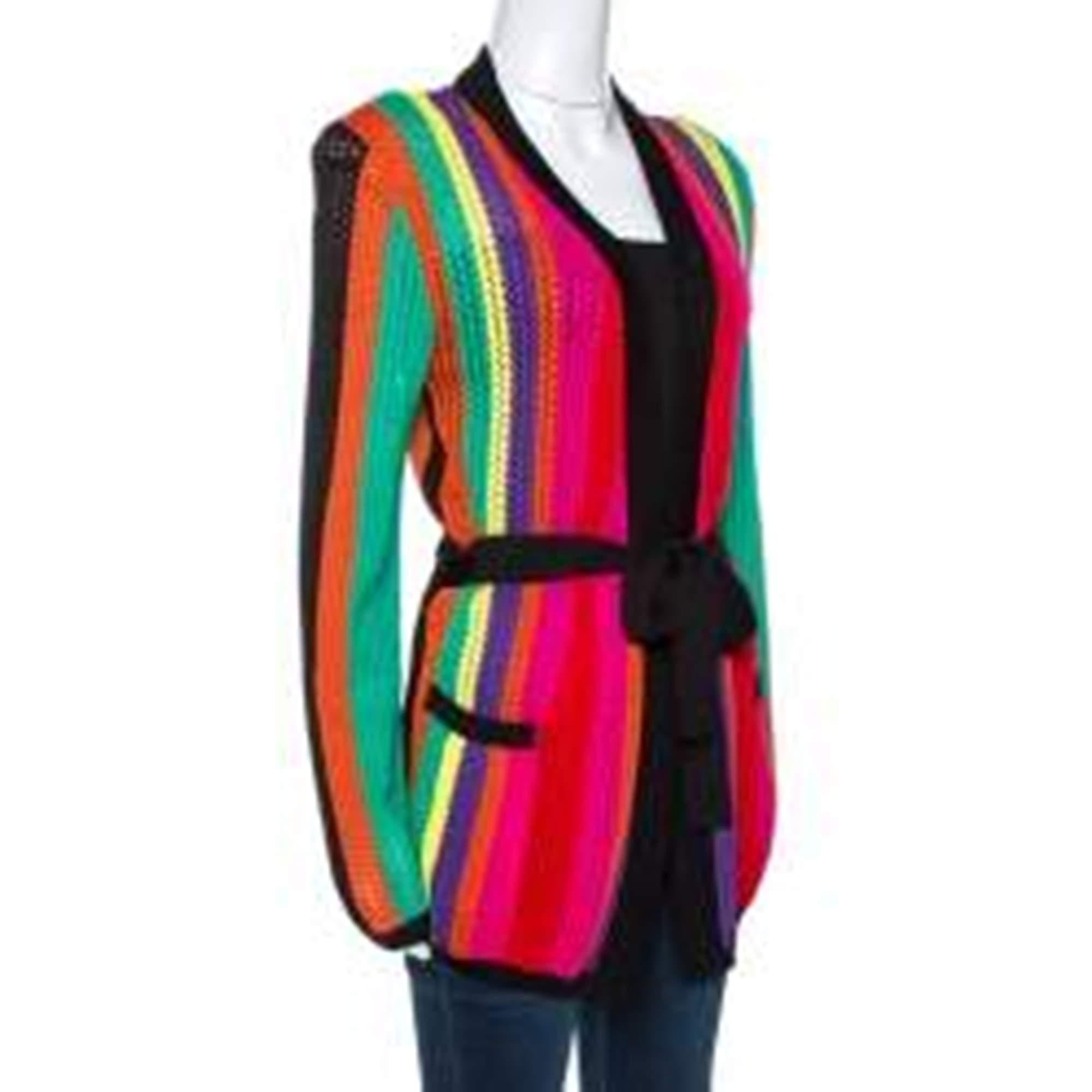 Black Balmain Multicolor Stripe Open Knit Belted Cardigan M