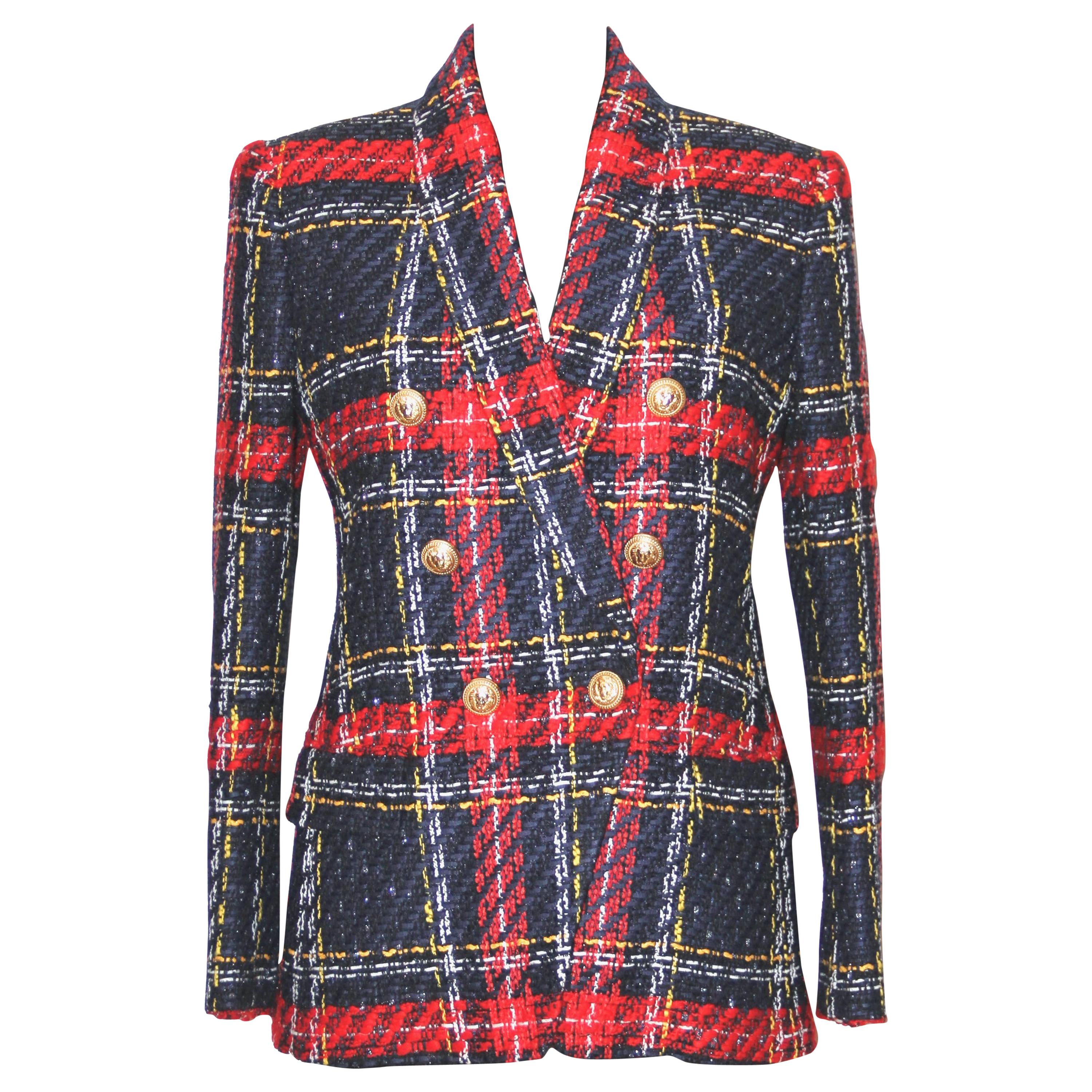 Balmain Multicolored Tartan Tweed Blazer at 1stDibs | balmain plaid blazer,  multicolored tweed blazer, balmain tartan tweed blazer