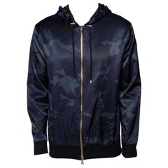 Balmain Navy Blue Camouflage Print Cotton Blend Zip Front Hoodie L