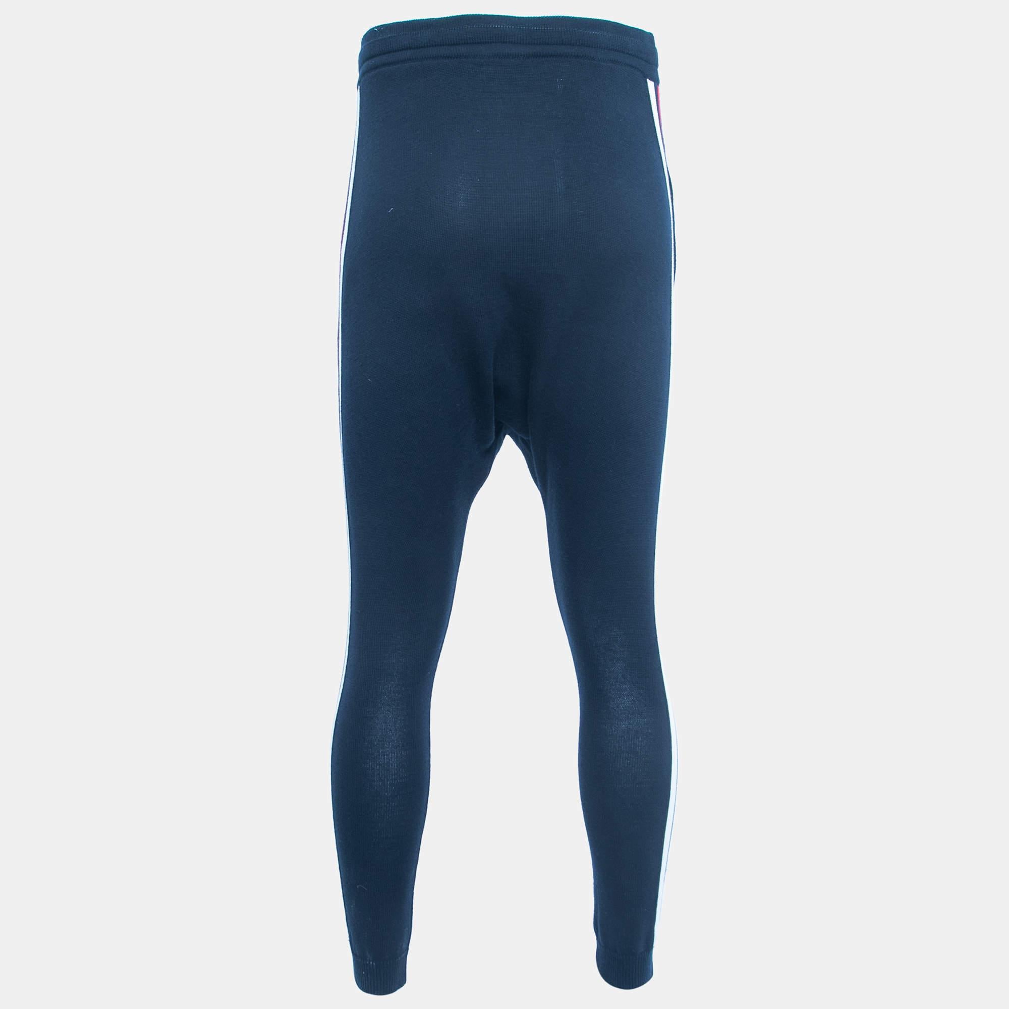 Balmain Navy Blue Cotton Side Stripe Detail Drawstring Yoga Pants XS In Good Condition For Sale In Dubai, Al Qouz 2