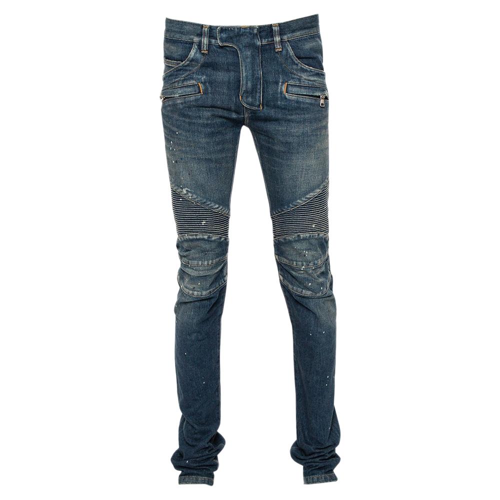 Balmain Navy Blue Denim Biker Jeans M