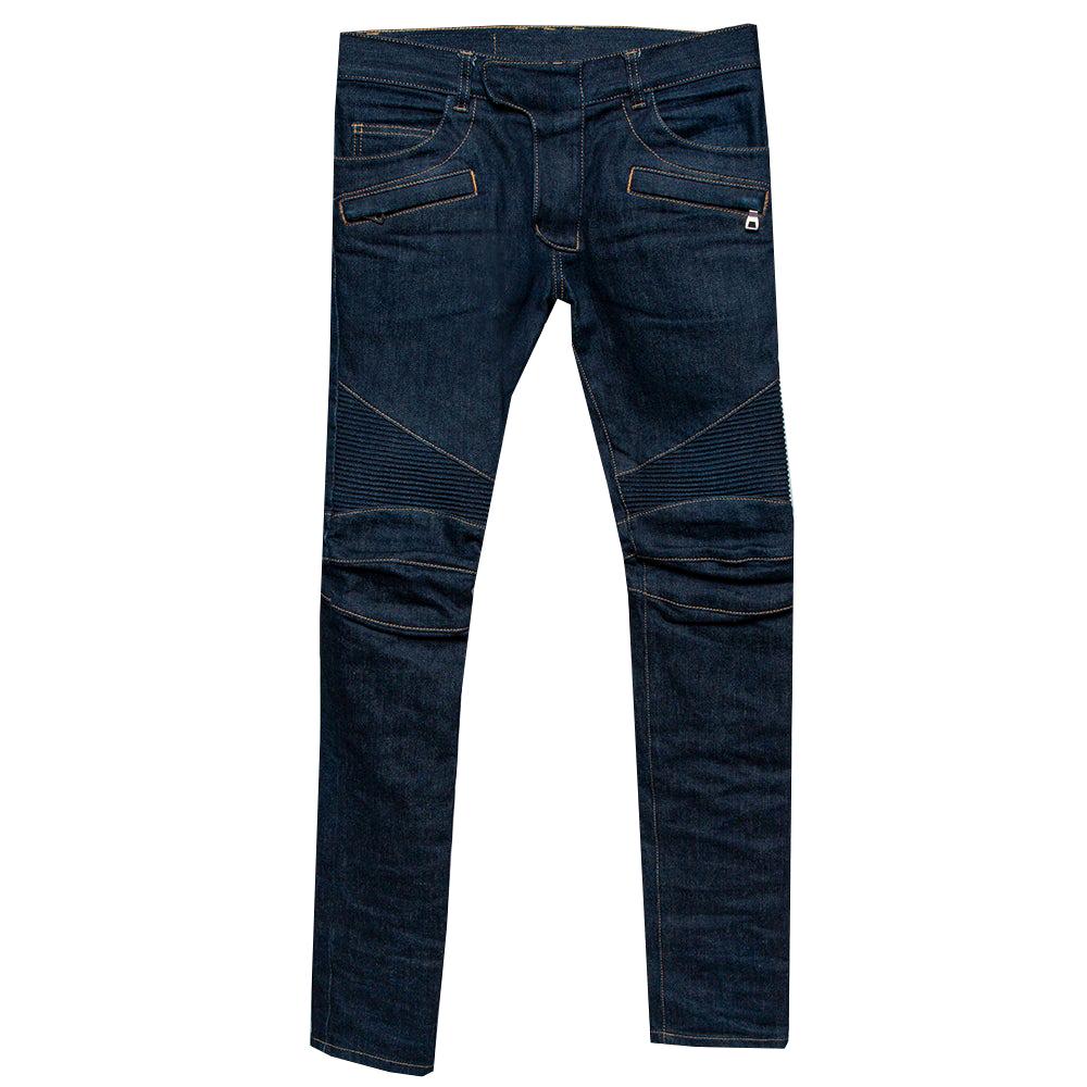 Balmain Navy Blue Denim Biker Jeans S at 1stDibs