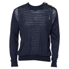 Balmain Marineblau Leinen stricken Schulter Knopf Detail Distressed Pullover L