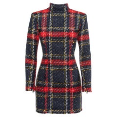 Balmain Navy Blue/Red Plaid Tweed Mini Dress