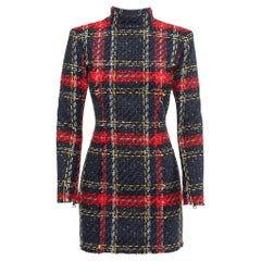 Balmain Navy Blue/Red Plaid Tweed Mini Dress 