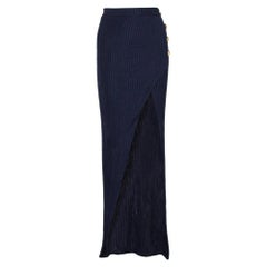 Balmain Navy Blue Rib Knit Thigh High Slit Detail Faux Wrap Maxi Skirt S