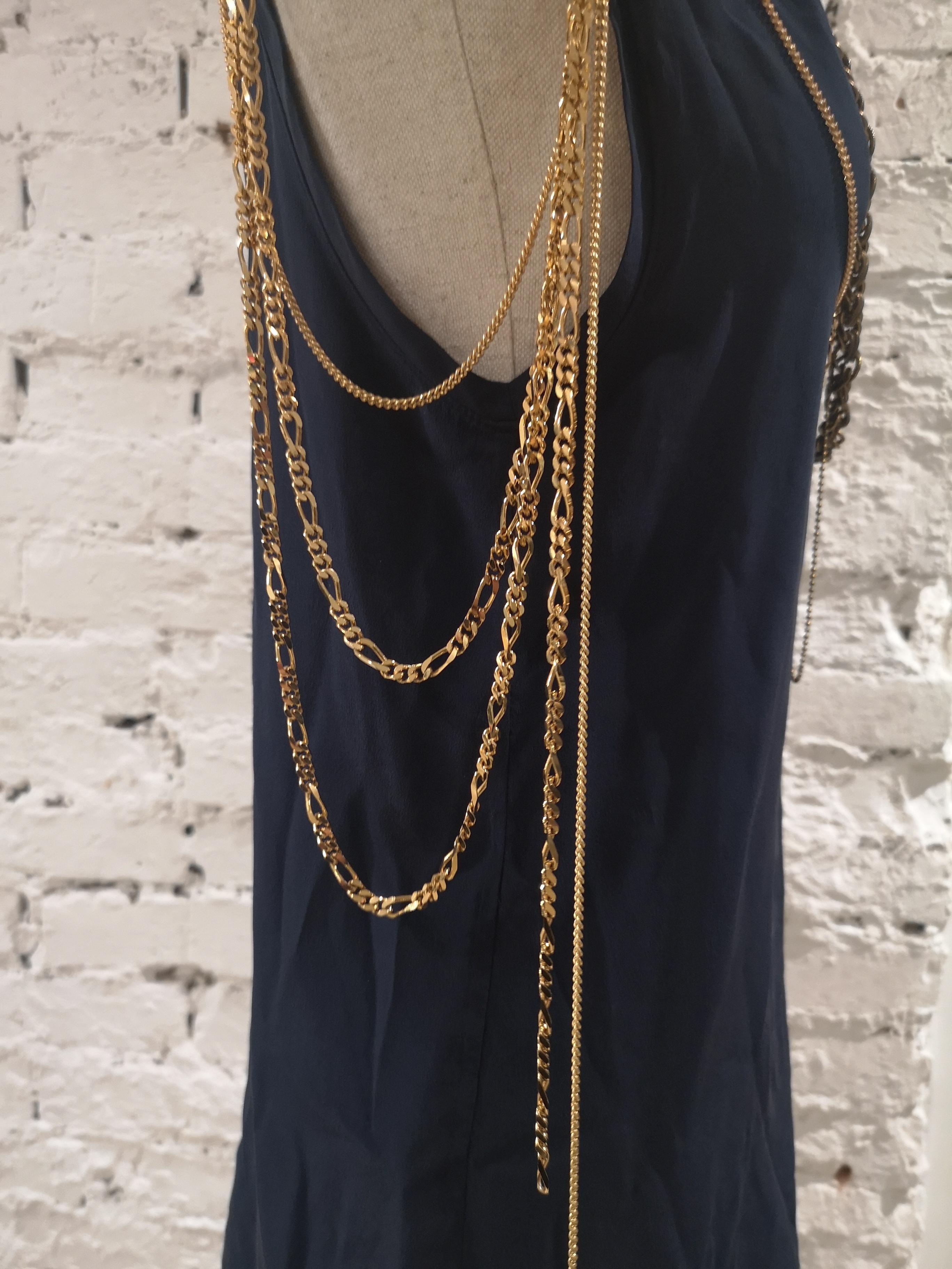 Black Balmain Navy Blue Sleeveless Top with Gold Chains For Sale
