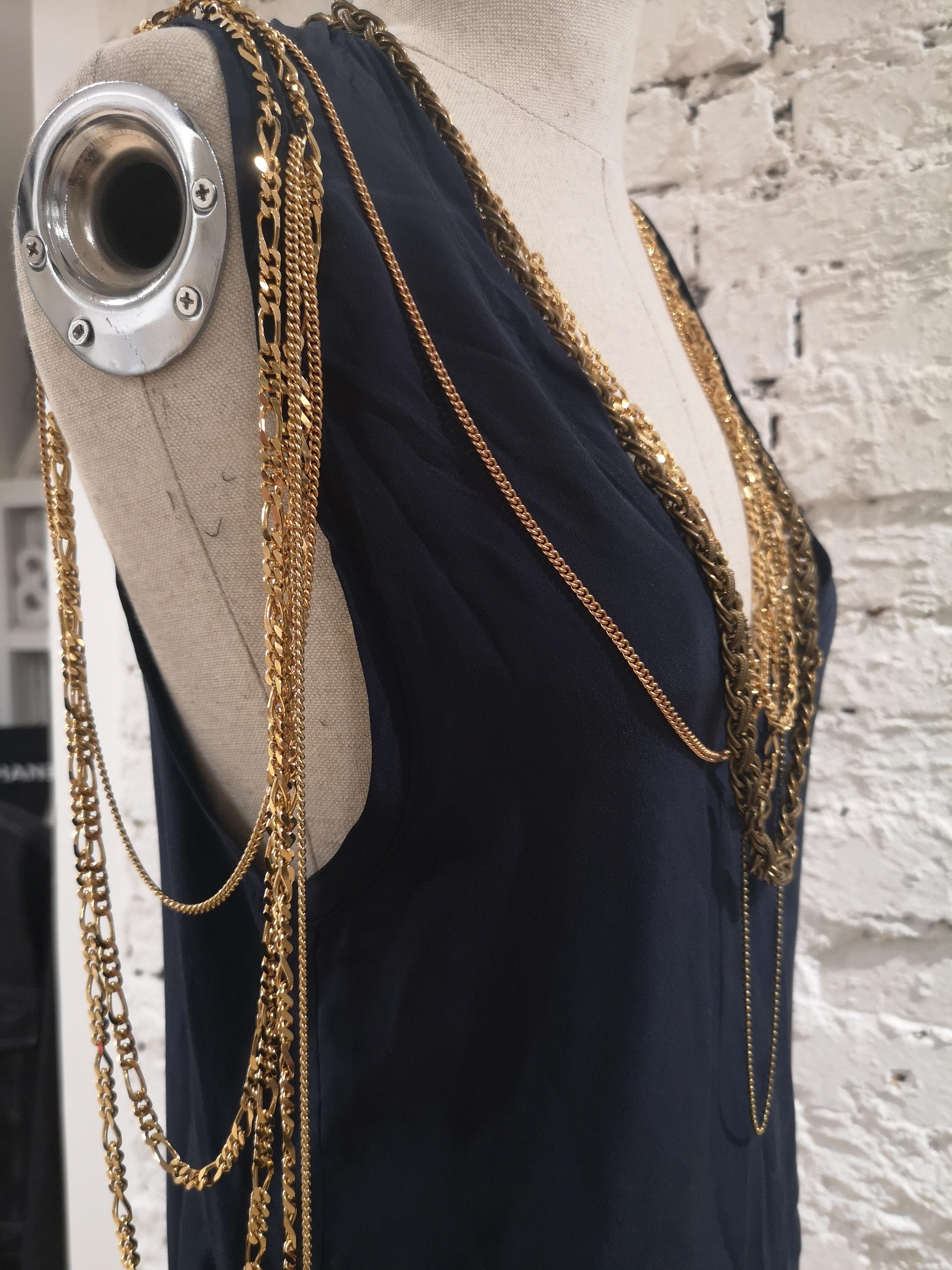 Women's Balmain Navy Blue Sleeveless Top with Gold Chains For Sale