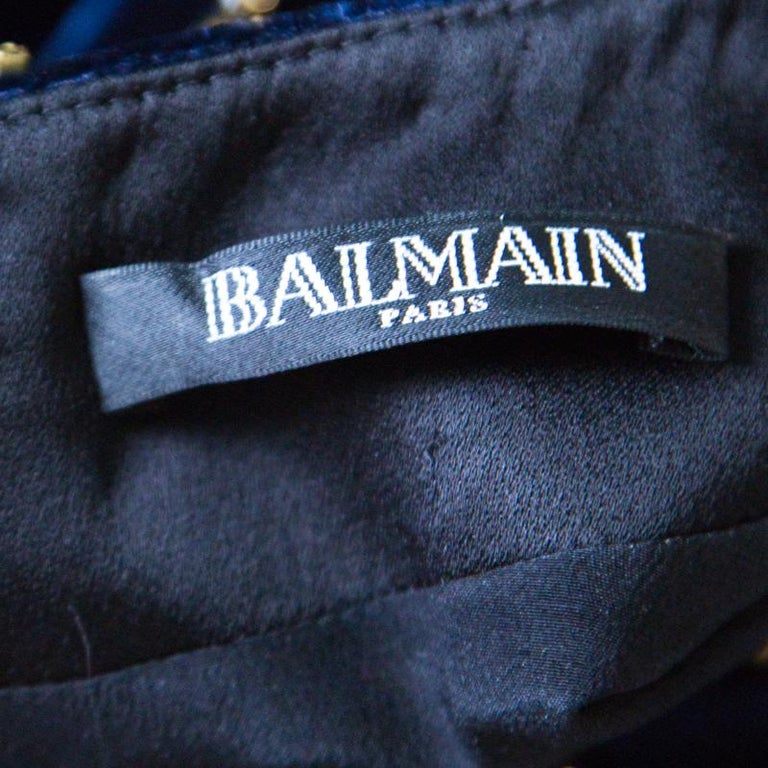 Balmain Navy Blue Velvet Crystal Embellished Long Sleeve Mini Dress M ...
