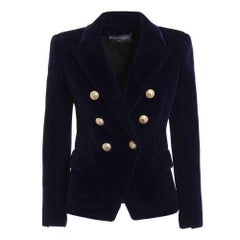 Balmain Navy Blue Velvet Double Breasted Blazer Jacket FR40 US6-8