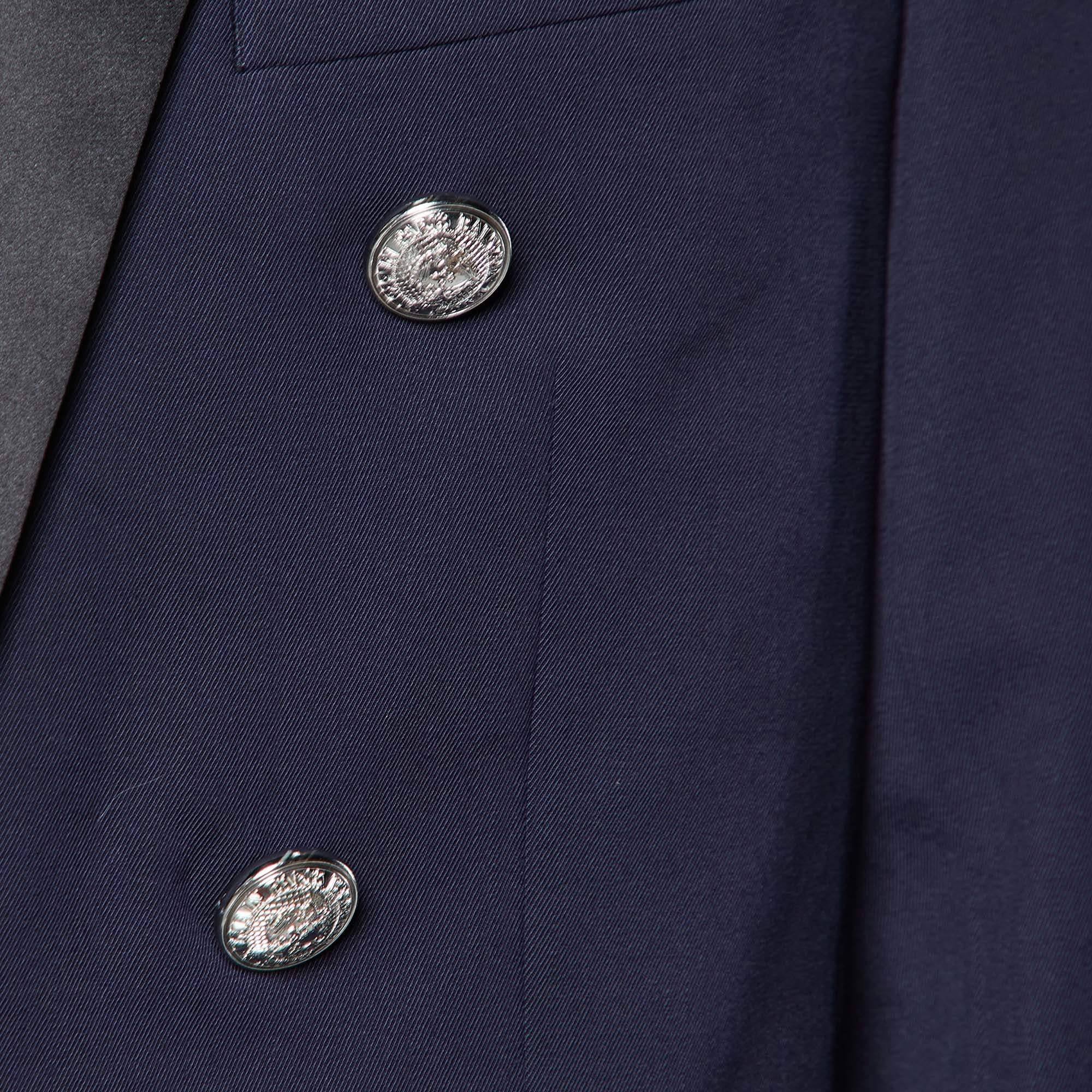 Balmain Navy Blue Wool Contrast Lapel Detail Blazer  1