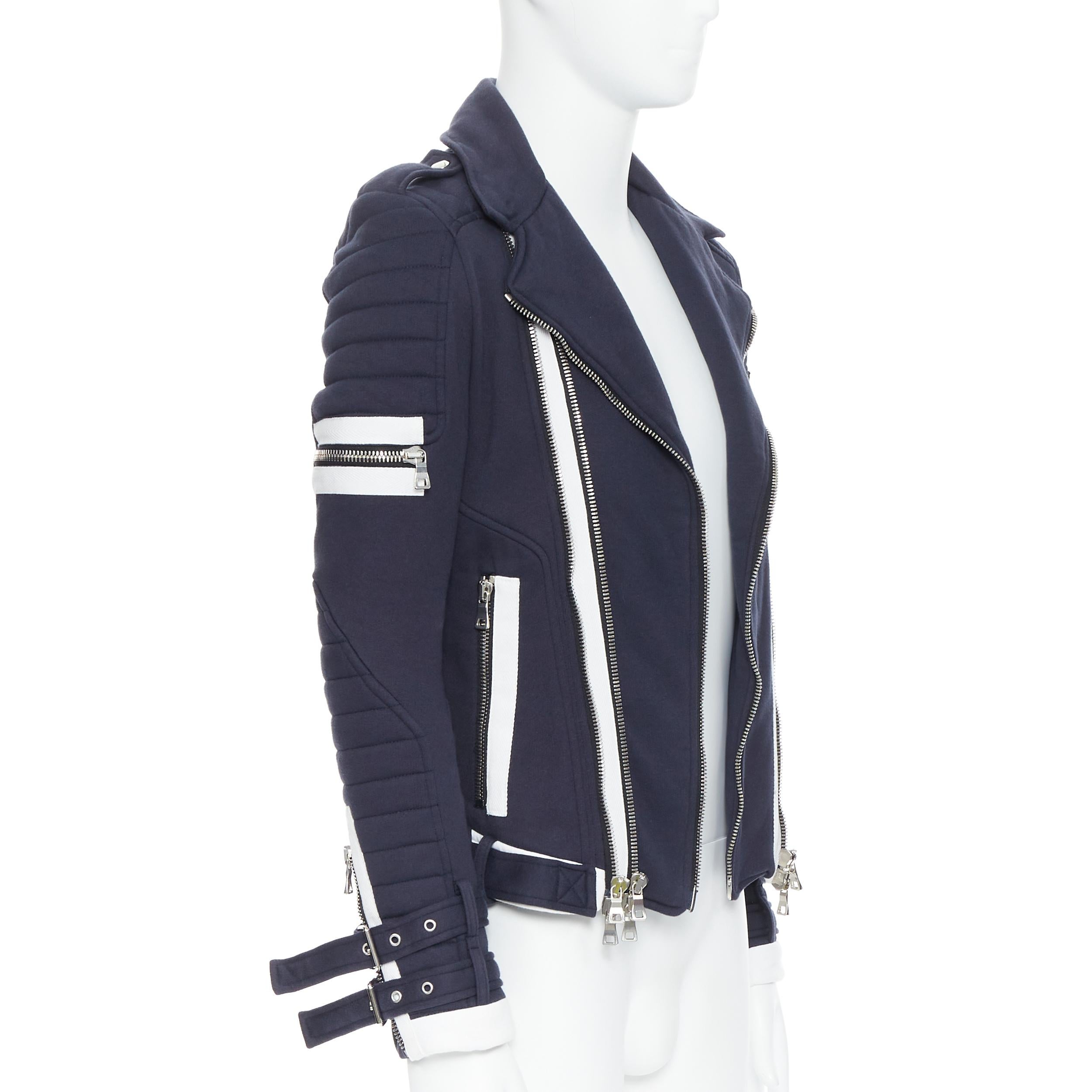 Black BALMAIN navy cotton nautical embroidery badge ribbed detail biker jacket XS