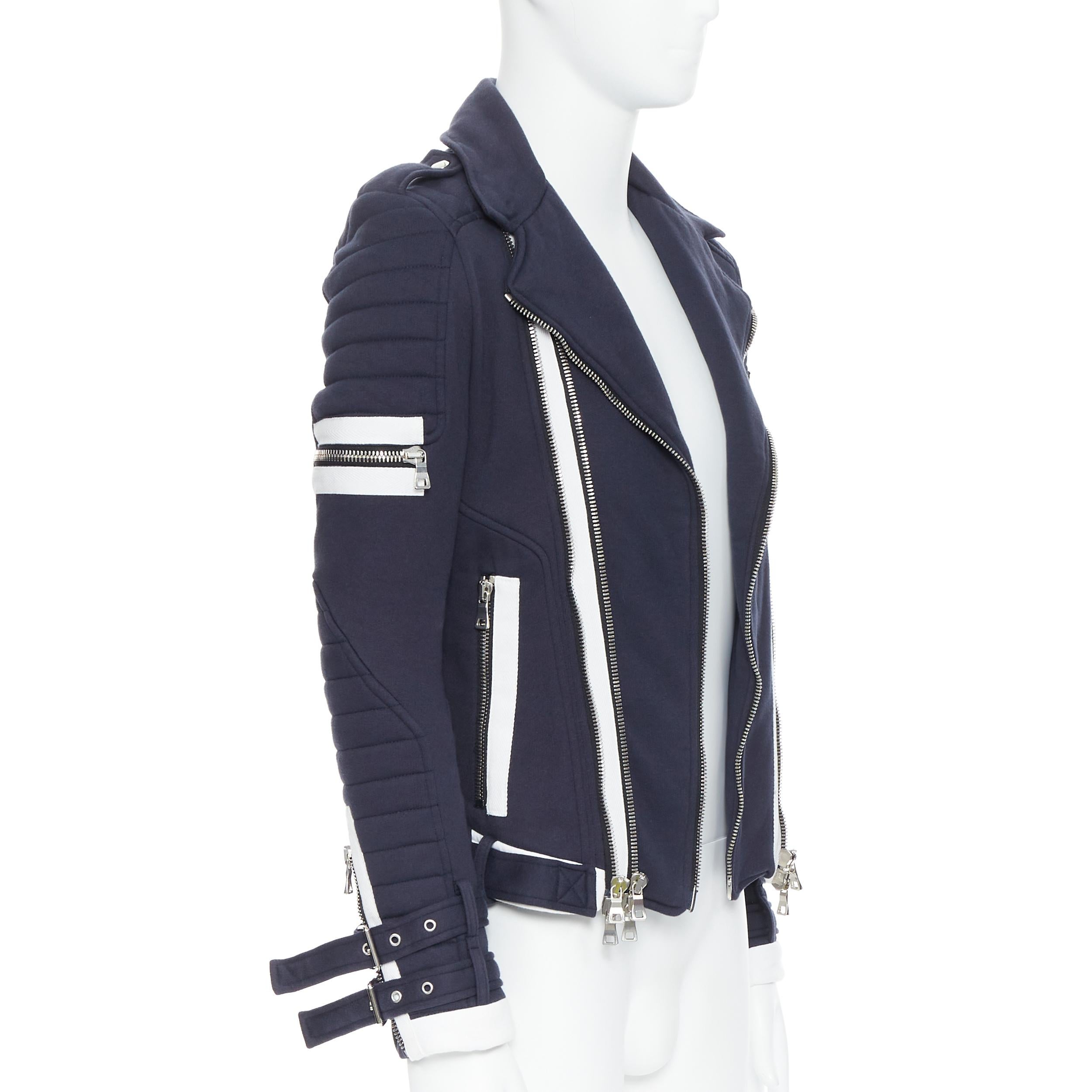 Nero Balmain giacca biker XS in cotone navy con ricamo nautico e dettaglio a coste